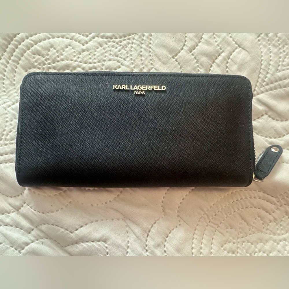 Karl Lagerfeld Black Textured Zip-Around Wallet with Gold Logo